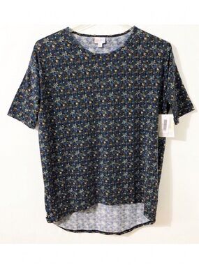 NWT LulaRoe Julia HiLo Patterned Short Sleeve Tee Rounded Neckline 🔵🟡🟣